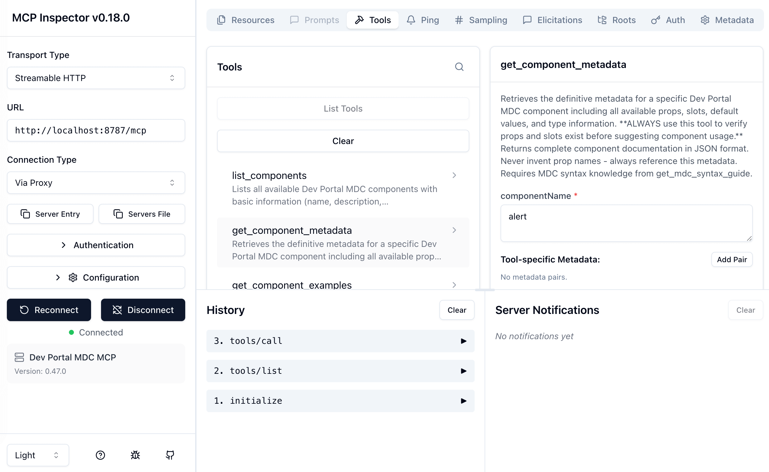 Model Context Protocol Inspector UI showing connected server with available tools and resources listed