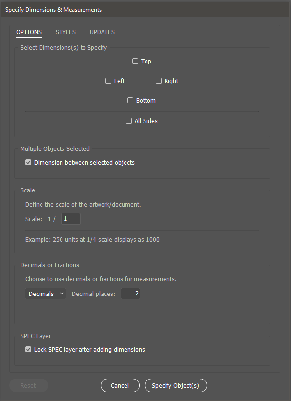 Specify Illustrator Extension Options Panel
